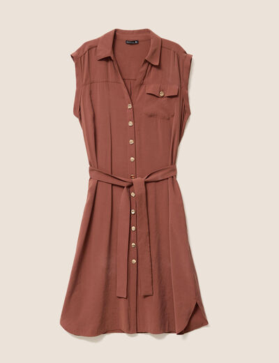 Robe droite col chemise manches courtes marron femme
