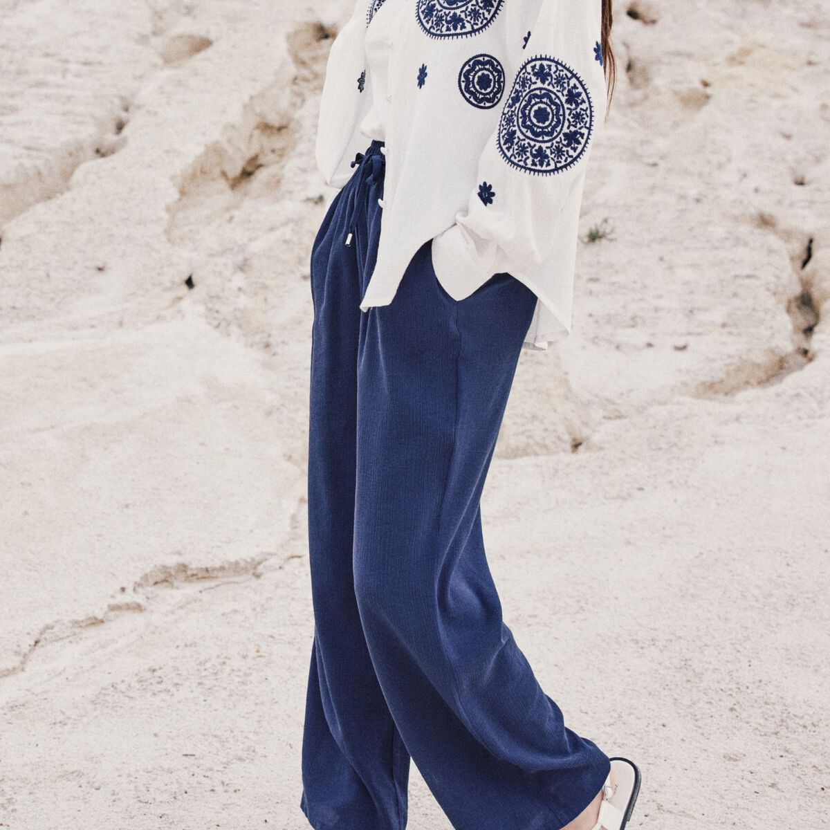 Pantalon large 7/8ème bleu foncé femme