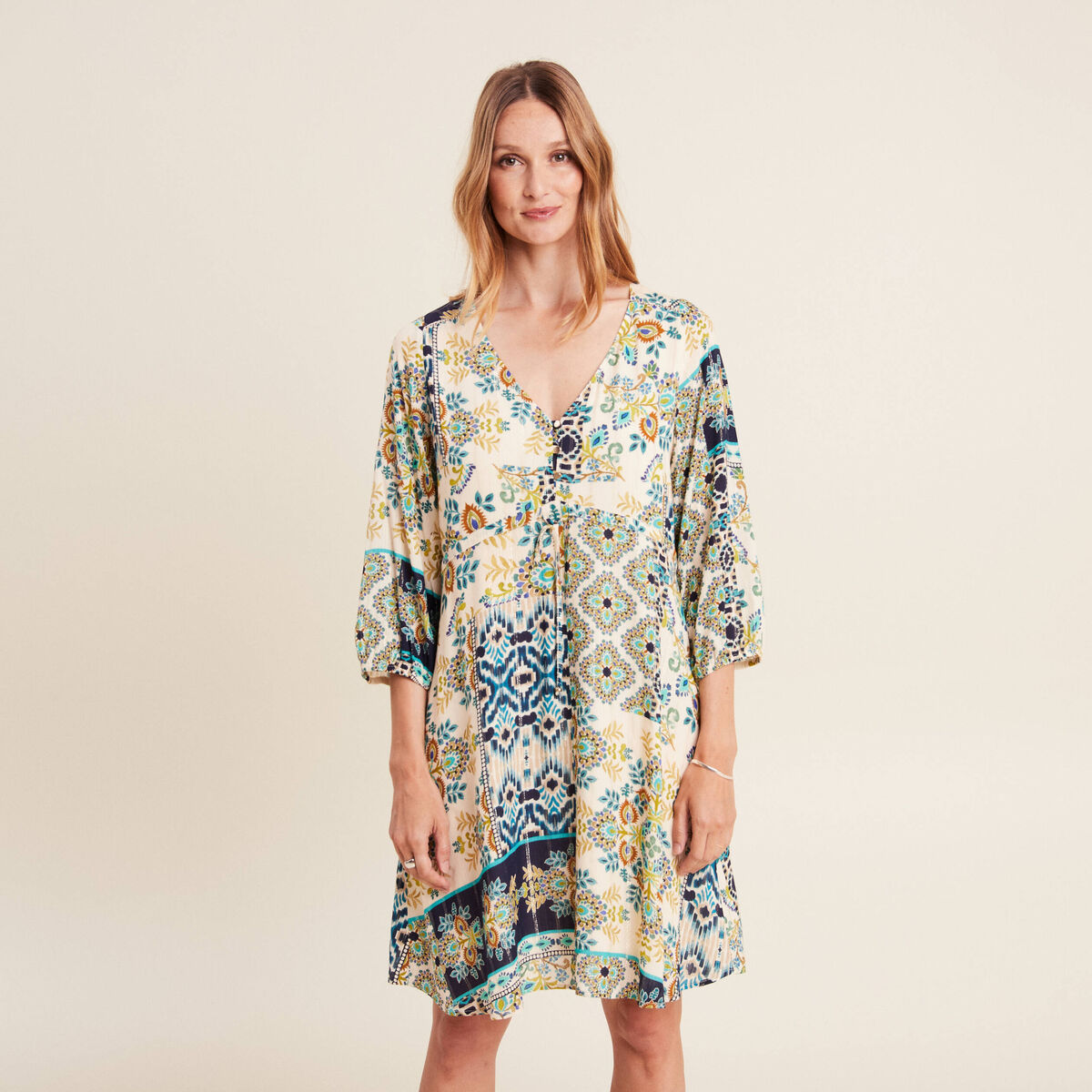 Robe évasée fluide manches 3/4 bleu femme