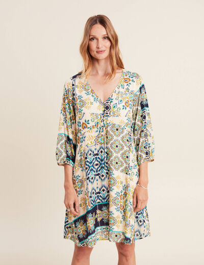 Robe évasée fluide manches 3/4 bleu femme