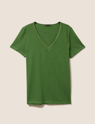 T-shirt manches courtes col en V vert foncé femme