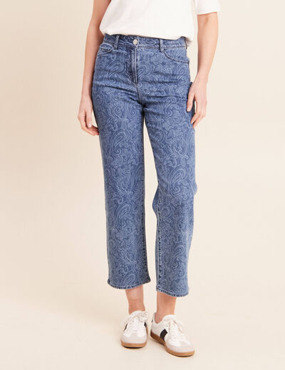 Jean droit 7/8&egrave;me taille bascul&eacute;e denim stone femme