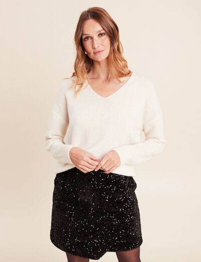 Pull en cachemire col v ecru femme