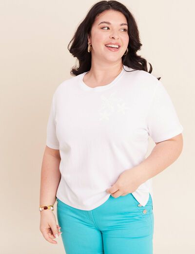 T-shirt col rond manches courtes sequins blanc femme