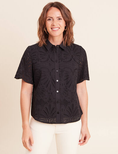 Chemise manches courtes brod&eacute;e noir femme