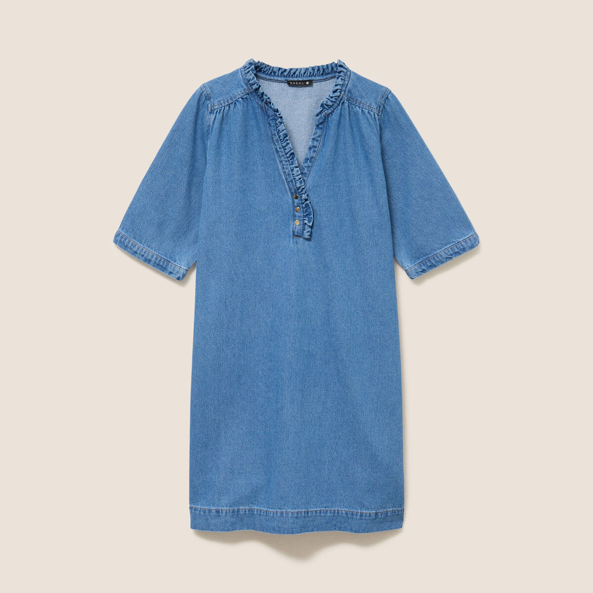 Robe courte &eacute;vas&eacute;e jean col montant denim double stone femme