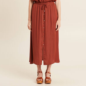 Jupe longue évasée satin marron foncé femme