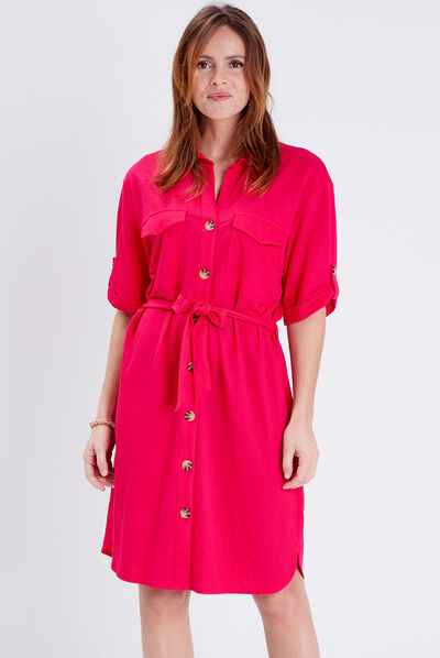 Robe boutonnée à manches courtes rose fushia femme