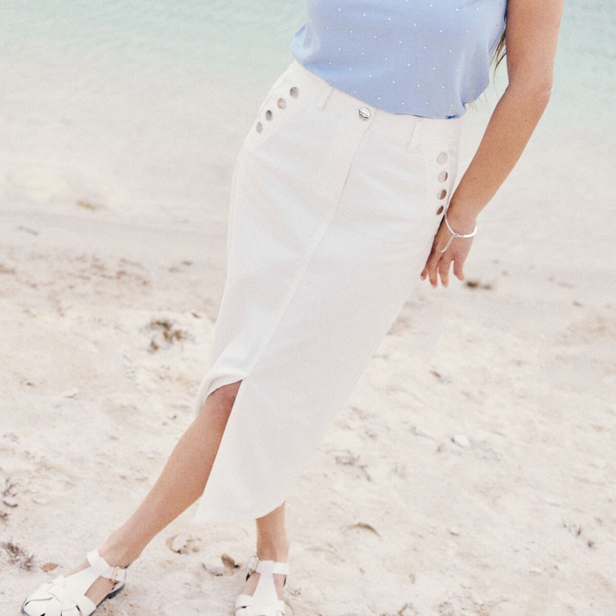 Jupe longue droite en jean blanc femme