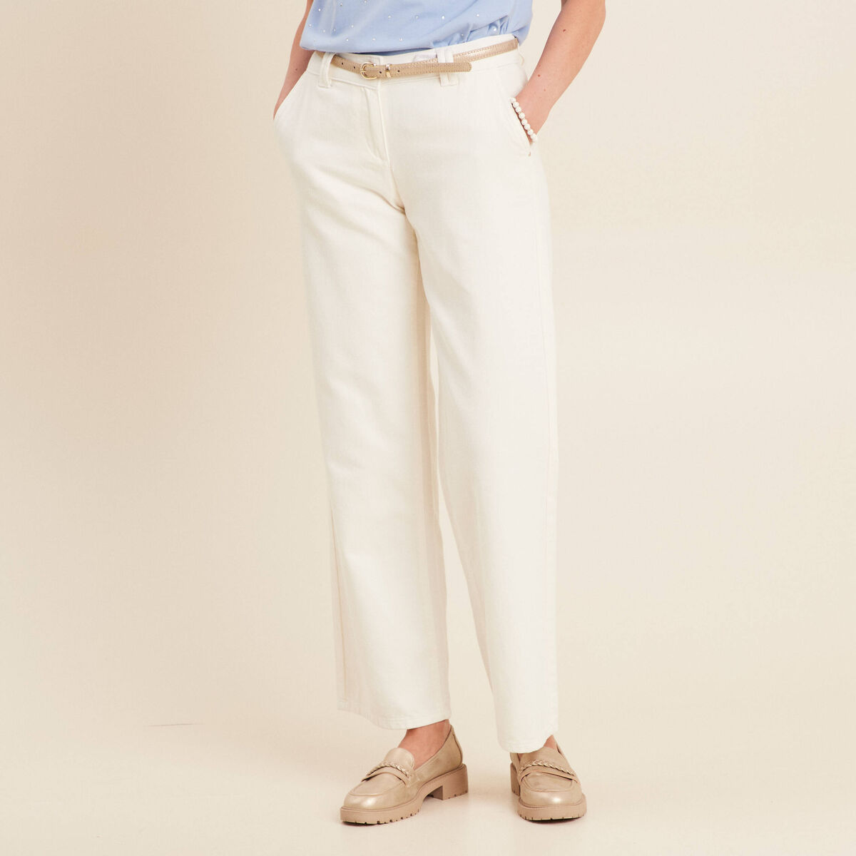 Pantalon droit taille basculée ecru femme