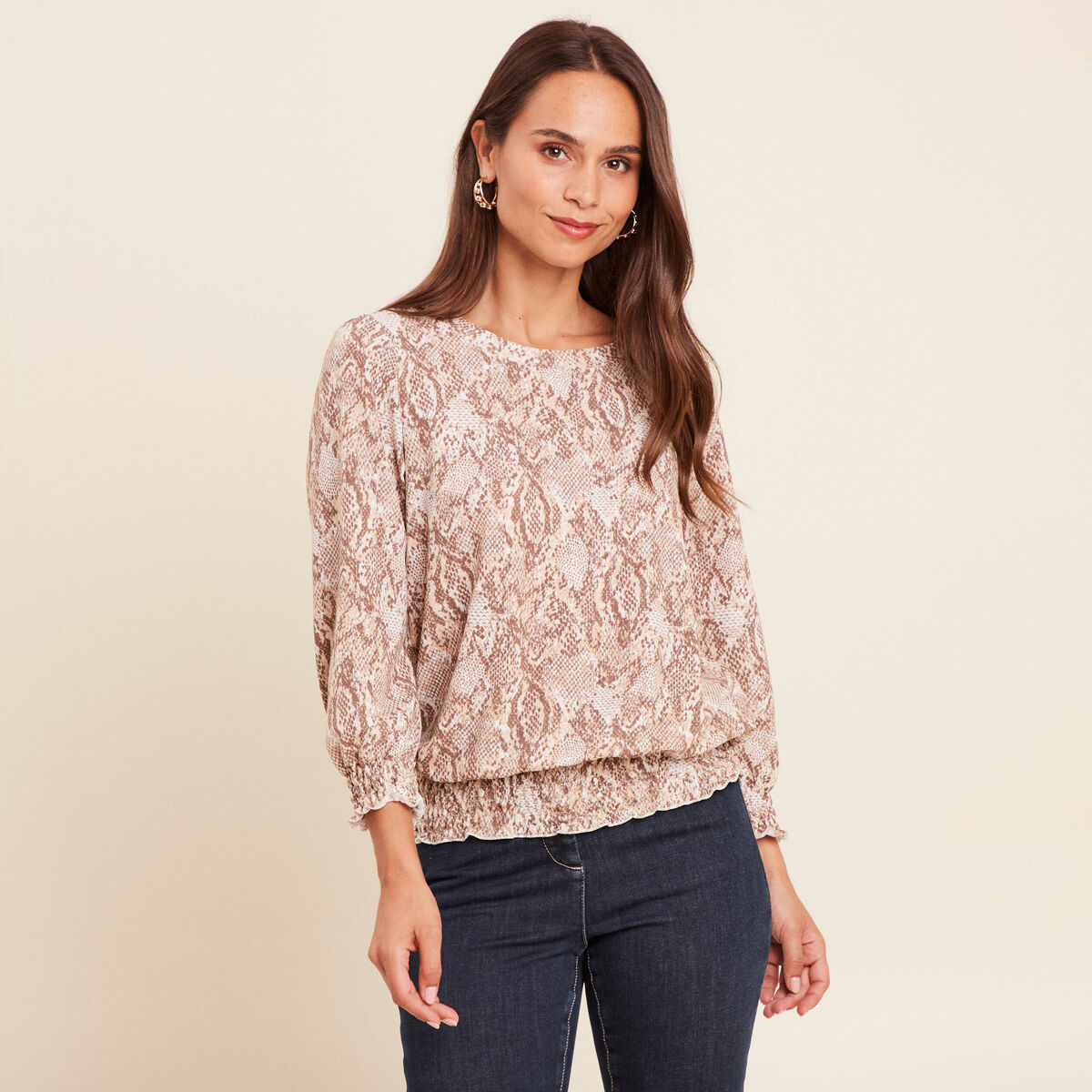 T-shirt col rond manches 3/4 beige femme