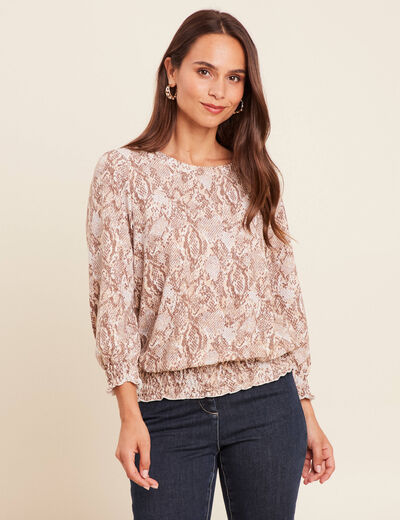T-shirt col rond manches 3/4 beige femme