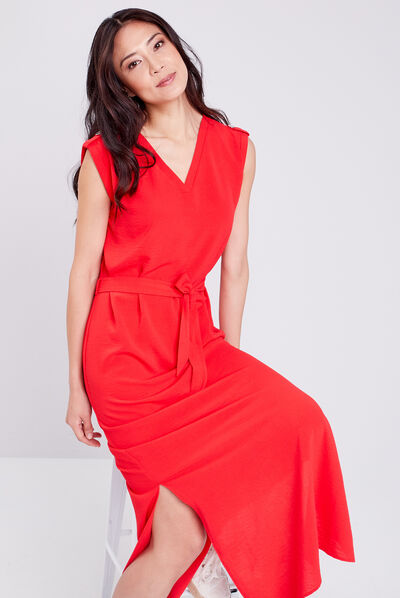Robe longue droite ceinturée rouge femme