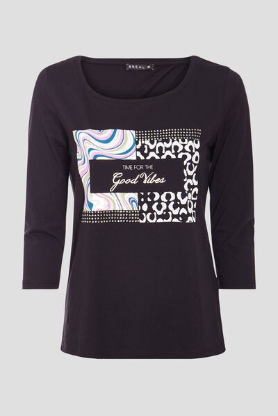 T-shirt manches 3/4 noir femme