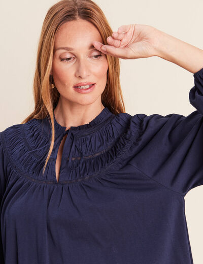 Blouse col tunisien manches longues bleu marine femme
