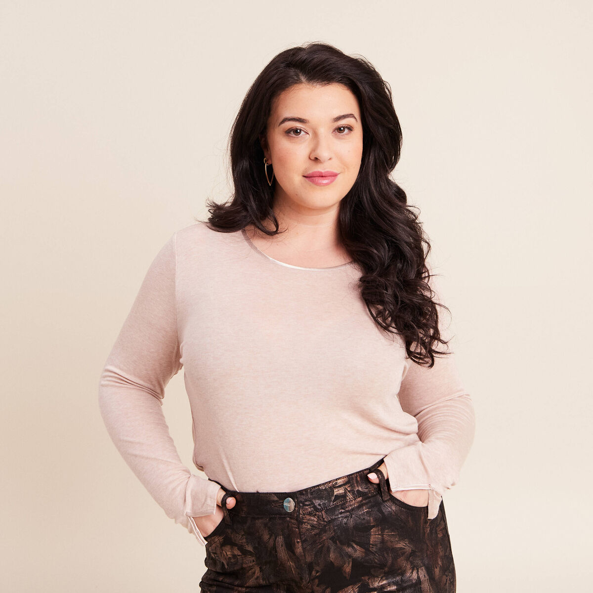 T-shirt ajust&eacute; manches longues beige femme