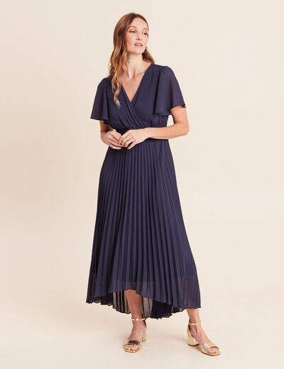 Robe longue &eacute;vas&eacute;e col v manches courtes bleu marine femme