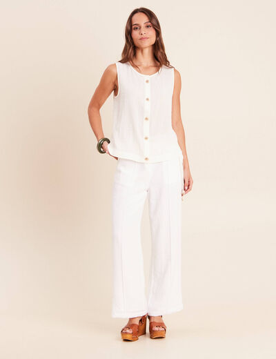 Pantalon large taille haute aspect lin blanc femme