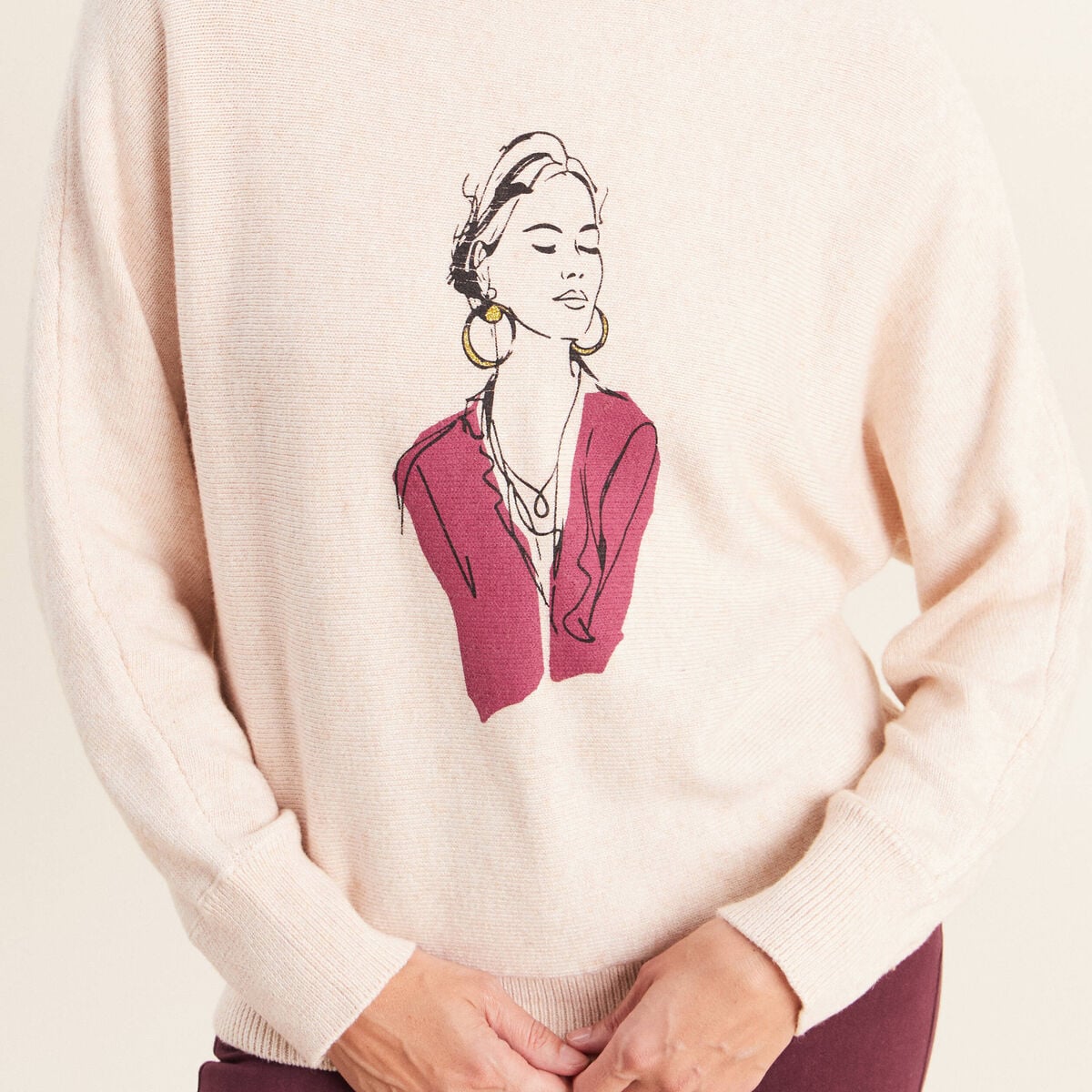 Pull col rond manches longues beige femme
