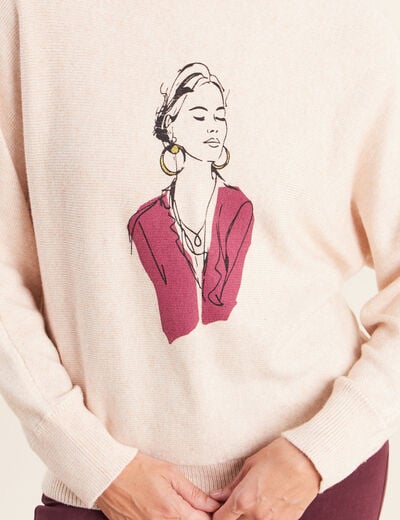 Pull col rond manches longues beige femme