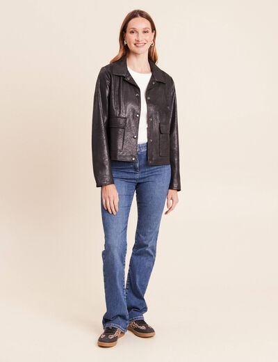 Veste courte droite aspect daim noir femme