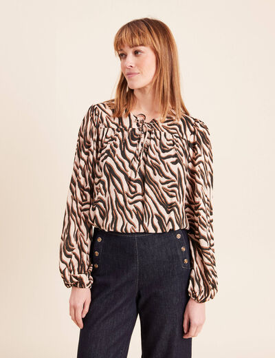 Blouse ample col rond manches longues noir femme
