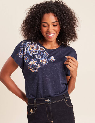 T-shirt &agrave; sequins manches courtes bleu marine femme