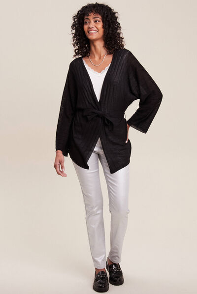 Gilet style kimono ceinturé noir femme