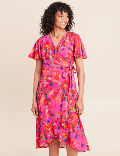 Robe courte &eacute;vas&eacute;e col v manches courtes rose femme