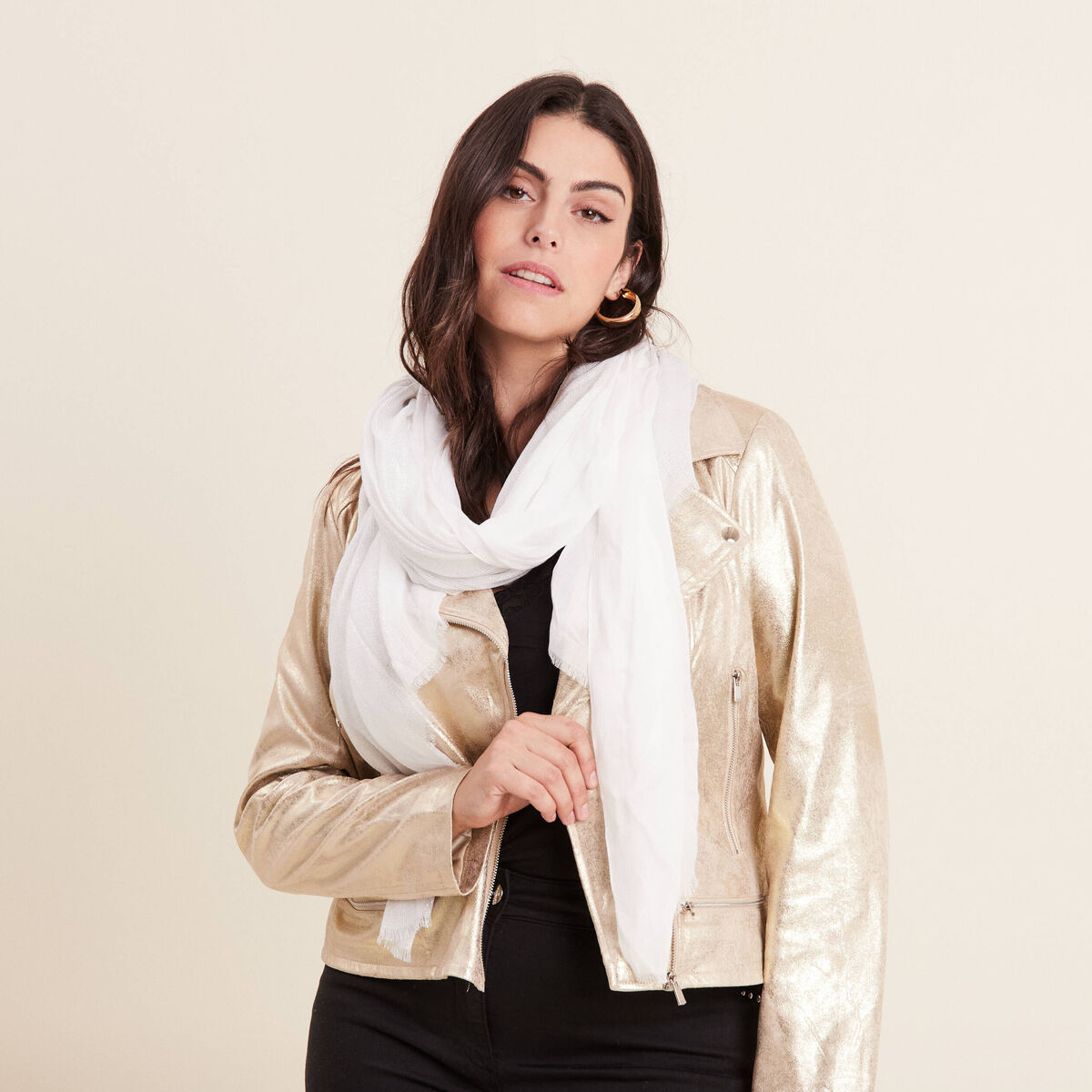 Foulard brillant à franges ecru femme