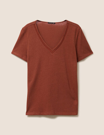 T-shirt manches courtes col en V marron foncé femme