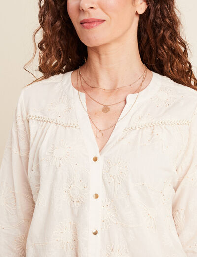 Blouse col tunisien manches 3/4 ecru femme