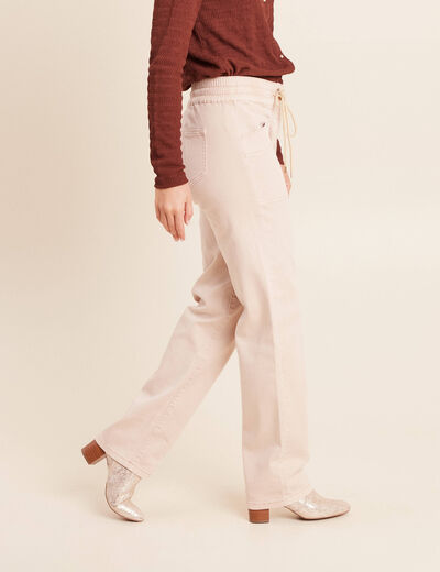 Pantalon taille haute coupe droite denim beige femme