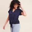 T-shirt col tunisien manches courtes bleu marine femme