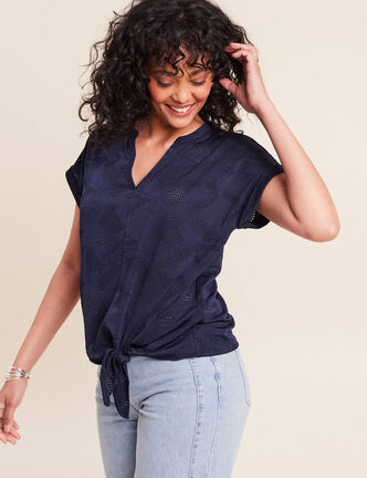 T-shirt col tunisien manches courtes bleu marine femme