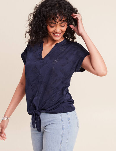 T-shirt col tunisien manches courtes bleu marine femme