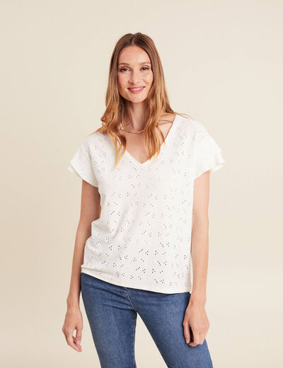 T-shirt cintré col V ecru femme