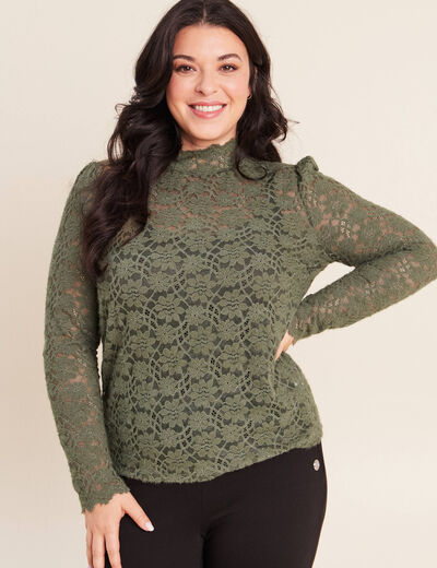 T-shirt cintr&eacute; col montant dentelle vert kaki femme