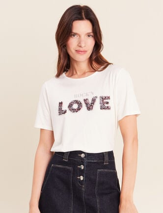T-shirt &agrave; message col rond ecru femme