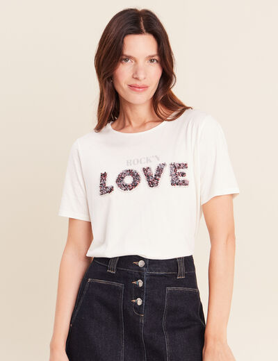 T-shirt &agrave; message col rond ecru femme