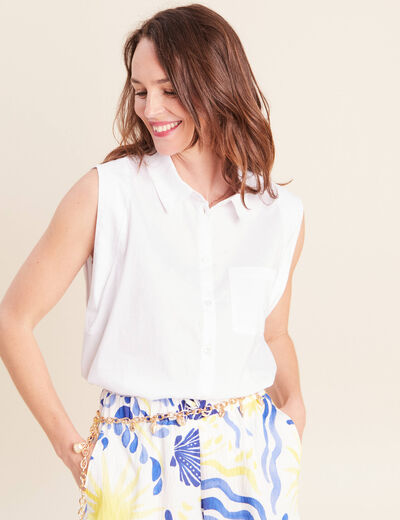 Chemise sans manches col chemise ecru femme