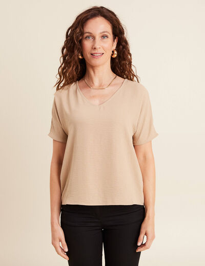 Blouse col v manches 3/4 brillante sable femme