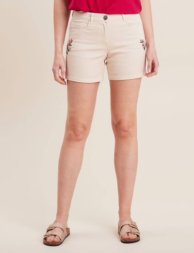 Short brodé beige femme
