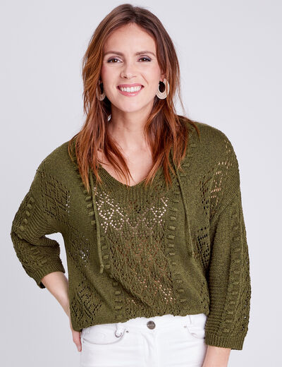 Pull à manches 3/4 vert olive femme