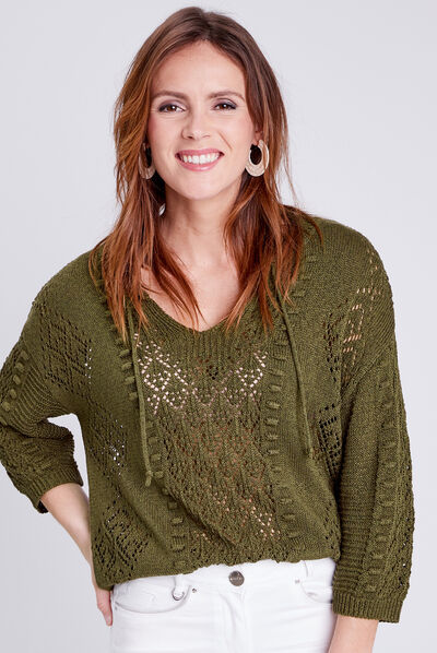 Pull à manches 3/4 vert olive femme