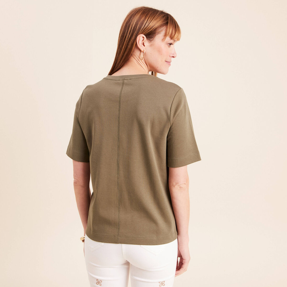 T-shirt col rond manches courtes vert kaki femme