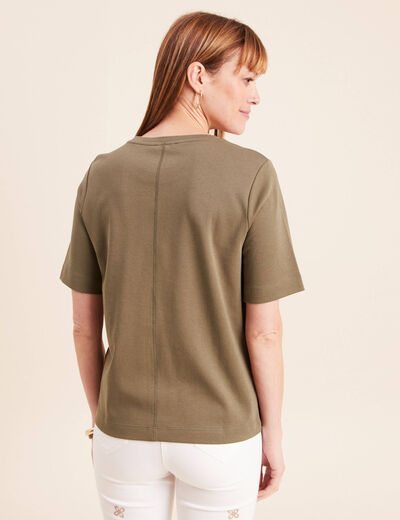 T-shirt col rond manches courtes vert kaki femme