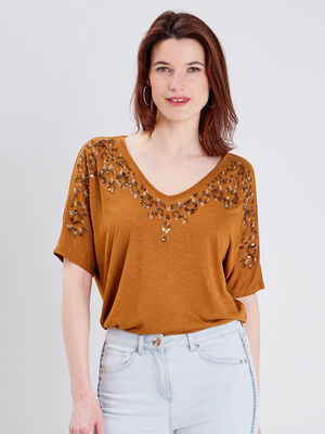T shirt manches courtes marron femme