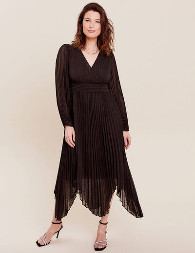 Robe longue évasée plissée noir femme
