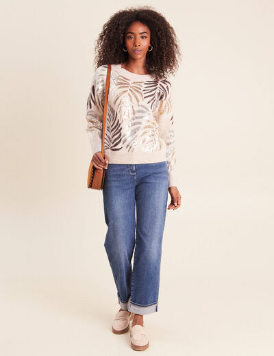 Pull col rond &agrave; sequins couleur or femme